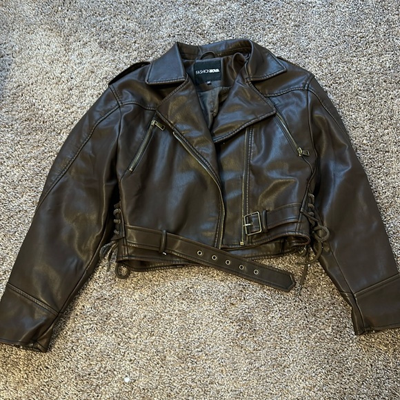 CHECK THE DEETS FAUX LEATHER JACKET - Picture 1 of 2